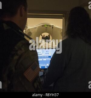 Portsmouth, Virginia (Feb. 24, 2017) Debbie Chepan, radiologisch-technischen Assistenten, rechts, erfasst die Computertomographie (CT) Bilder der militärischen Gebrauchshund Anoeska mit der Führung der Armee Kapitän Sean Stockwell, der Branch Chief von Norfolk die tierärztliche Tätigkeit und Anoeska's Case Manager. Weil militärische Arbeitshunde als Service für die Mitglieder, der Tierärzte haben Zugriff auf CT und Kernspintomographie (MRT) Ausrüstung an Nmcp beim Tierarzt Röntgenstrahlen sind unzureichend für die Diagnose. Stockfoto
