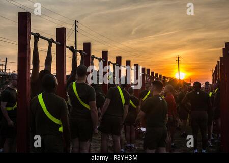 Rekruten Die pullups während einer anfänglichen Stärke Test März 10, 2017, auf Parris Island, S.C., nachdem Sie die anfängliche Stärke, diese Rekruten wird Charlie Company, 1 Recruit Training Bataillon zugeordnet werden. Die anfängliche Stärke Test wird sichergestellt, dass die rekruten die minimalen körperlichen Anforderungen erfüllen, um die Ausbildung zu beginnen. Charlie Company ist zu graduieren, 2. Juni 2017 geplant. Rund 19.000 Rekruten kommen auf Parris Island jährlich für die Chance, United States Marines werden durch dauerhafte 12 Wochen der Strenge, transformative Training. Parris Island ist die Heimat von Entry-level-Soldaten Training". Stockfoto