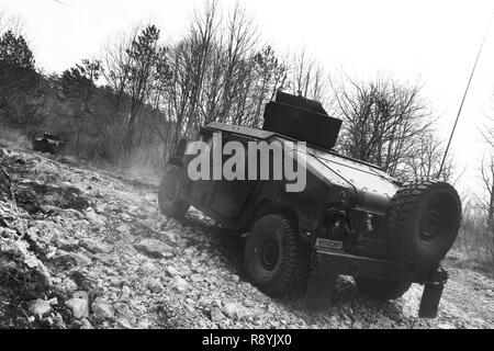 Us-Armee Soldaten, dem 16 Sustainment Brigade zugewiesen sind, Vorbereitung auf Konvoi live fire Übung während der Avantgarde auf dem Pocek in Postonja, Slowenien, Jan. 19, 2017. Einheiten in das Bataillon aus vier separaten Basen in Deutschland und Italien kommen diese Schulungsveranstaltung durchführen zu können. Übung Vanguard Beweis ist eine kombinierte Übung zwischen dem 16 Sustainment Brigade und der slowenischen Streitkräfte zur Verbesserung der Interoperabilität der NATO operativer Standards und der Entwicklung von individuellen technischen Fähigkeiten konzentriert. Stockfoto