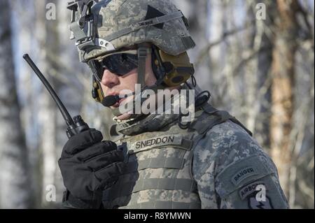 Armee 1. Lt Matthew Sneddon, ein Eingeborener von Fayetteville, N.C., auf das erste Bataillon zugeordnet, 501 Fallschirm Infanterie Regiment, 4 Infantry Brigade Combat Team (Airborne), 25 Infanterie Division, U.S. Army Alaska, kommuniziert mit Range control Personal während der Durchführung live Fire Training am Infanteriezug Schlacht Kurs auf gemeinsamer Basis Elmendorf-Richardson, Alaska, 17. März 2017. Die Ausübung geschliffen Infanterie Fähigkeiten die Fallschirmjäger' wie Platoon Bewegung und Kommunikation, Hindernis gegen und die Erfassung objektiver durch Angriff und Manöver. Stockfoto