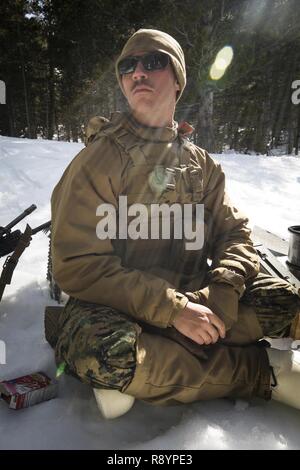 Us Marine Corps Pfc. Jason Volpe, bulk Kraftstoff Spezialist, 7 Techniker, 1. Marine Logisitics Gruppe, posiert für ein Foto während der Berg Training Übung (MTX) 2-17 im Marine Corps Mountain warfare Training Center, Bridgeport, Calif., Jan. 17, 2017. 1. CEB abgeschlossen Der abschlussübung von MTX 2-17, einem Dreiteiligen Zyklus, bestehend aus Lawine Einleitung, Eis durchbrechen, Hindernis Einlagerung und Baum mit Sprengstoff schneiden. Stockfoto