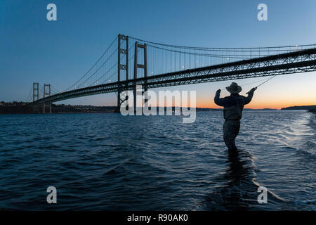 Silhouette der Fliegenfischer Casting für Lachs und searun cutthroat Trout bei Sonnenuntergang in der Nähe des Tacoma Narrows Bridge am Puget Sound in der Nähe von Tacoma, Waschmaschine Stockfoto
