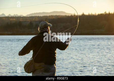 Eine Ansicht von berhind eines Fliegenfischer Casting für Lachs und searun Küsten Halsabschneider Forellen aus einem Salz Wasser Strand Stockfoto