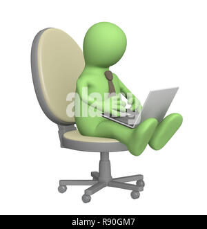 3d-Marionette, Sitzung mit einem Laptop. Objekt über Weiß Stockfoto