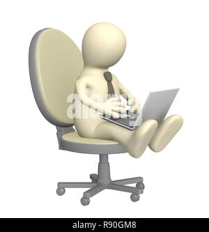3d-Marionette, Sitzung mit einem Laptop. Objekt über Weiß Stockfoto