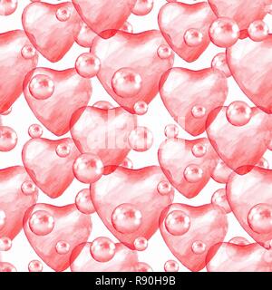 Aquarell nahtlose Muster mit Herzen und Blasen Stockfoto
