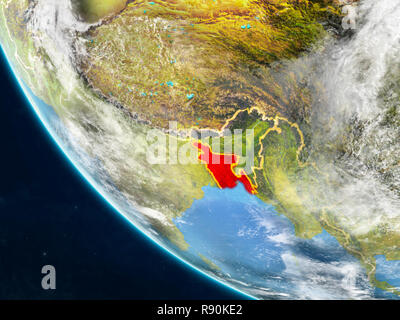 Bangladesch auf dem Planeten Erde aus dem Weltraum mit Ländergrenzen. Sehr feine Details der Planeten und Wolken. 3D-Darstellung. Elemente dieses Bild Fell Stockfoto