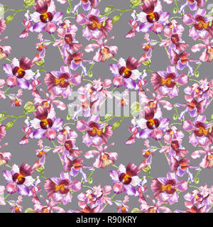 Aquarell orchidee Zweig, Hand gezeichnet floral nahtlose Muster Hintergrund. Flora watercolor Illustration, botanische Malerei, Zeichnung. Stockfoto