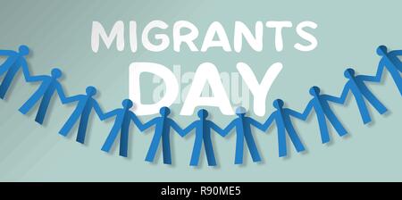 Internationale Migranten Tag Abbildung: Papier schneiden Menschen Girlande, Gruppe aus verschiedenen Kulturen Konzept für Global Migration oder Flüchtling helfen. Stock Vektor
