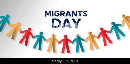 Internationale Migranten Tag Abbildung: Papier schneiden Menschen Girlande, vielfältige Gruppe aus verschiedenen Kulturen Konzept für Global Migration oder Flüchtling helfen Stock Vektor