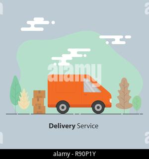 Lieferung Service Konzept. Van und Kartons mit schwachen Zeichen. Vector Illustration. Stock Vektor