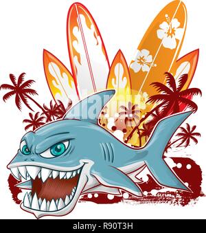 Shark Charakter Cartoon über Surfbrett auf weißem Hintergrund Stock Vektor