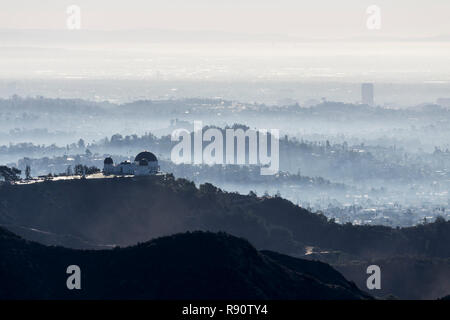 Nebeliger morgen Ansicht der Griffith Park, die Hollywood Hills und die nahegelegenen Canyons in Los Angeles, Kalifornien. Stockfoto