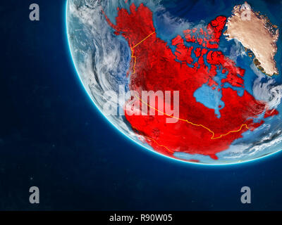NAFTA-Mitglied staaten auf dem Planeten Erde aus dem Weltraum mit Ländergrenzen. Sehr feine Details der Planeten und Wolken. 3D-Darstellung. Elemente dieser Stockfoto