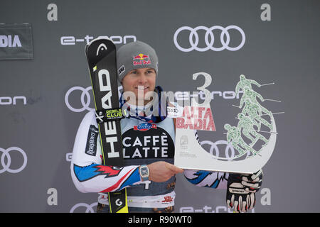 Alta Badia, Italien vom 16. Dezember 2018: PINTURAULT Alexis (FRA) nimmt Platz 3 während des Audi FIS Alpine Ski World Cup Men Riesenslalom Stockfoto