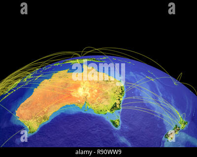 Australien auf dem Planeten Erde mit Ländergrenzen und Flugbahnen, die internationale Kommunikation, Reisen, Verbindungen. 3D-Darstellung. Grundschule Stockfoto