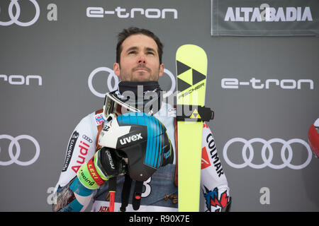 Alta Badia, Italien vom 16. Dezember 2018: fanara Thomas (FRA) nimmt Platz 2 während des Audi FIS Alpine Ski World Cup Men Riesenslalom Stockfoto
