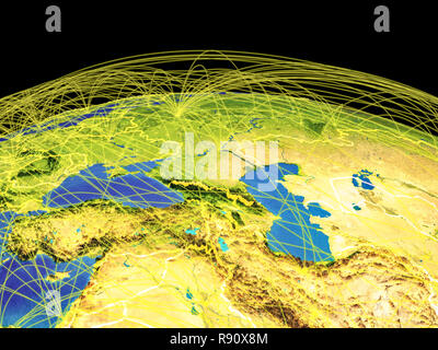 Kaukasus auf dem Planeten Erde mit Ländergrenzen und Flugbahnen, die internationale Kommunikation, Reisen, Verbindungen. 3D-Darstellung. Stockfoto