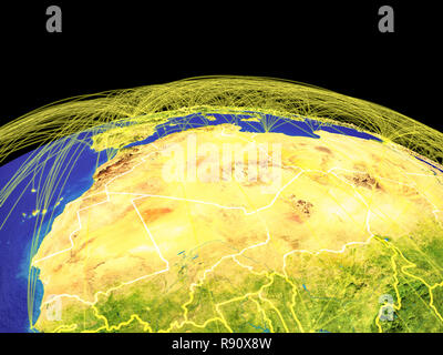 Maghreb auf dem Planeten Erde mit Ländergrenzen und Flugbahnen, die internationale Kommunikation, Reisen, Verbindungen. 3D-Darstellung. E Stockfoto