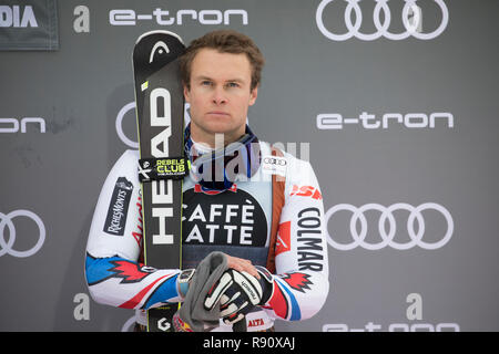Alta Badia, Italien vom 16. Dezember 2018: PINTURAULT Alexis (FRA) nimmt Platz 3 während des Audi FIS Alpine Ski World Cup Men Riesenslalom Stockfoto