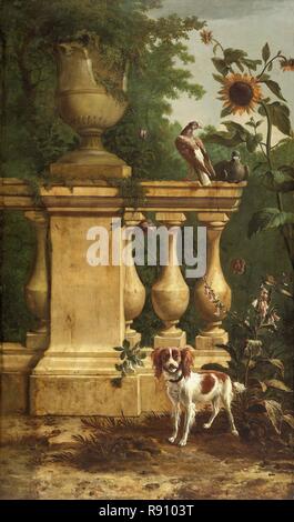 Tauben und ein Hund in einem Garten, c 1660-1690. Schöpfer: Melchior d'Hondecoeter. Stockfoto