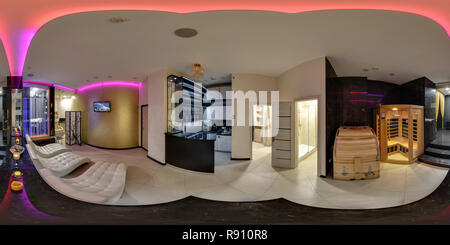 360 Grad Panorama Ansicht von MINSK, Weißrussland - 20. APRIL 2016: Panorama Innenraum des modernen Spa Beauty Salon. Vollsphärische 360 von 180 Grad Panorama nahtlos in equirectangula