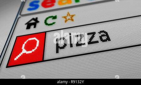 Auf der Suche nach Pizza im Internet. Eingabe Keyword im www-Browser auf dem Computer, Smartphone oder Tablet. Nahaufnahme der Anzeige mit Pixel 3D illu Stockfoto