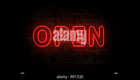 Leuchtreklame Licht auf Mauer Hintergrund geöffnet. Leuchtende große beleuchtete Werbung Konzept 3D-Abbildung. Retro Style. Stockfoto