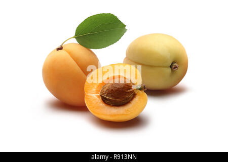 Frische reife Aprikosen mit Blatt auf weißem Hintergrund Stockfoto