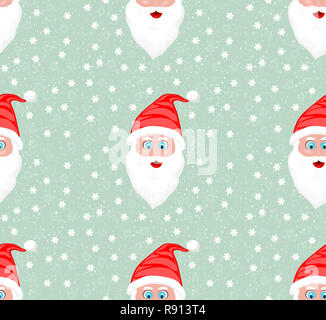 Hochauflösende Abbildung: nahtlose Muster der Weihnachtsmann Gesicht gegen Schneeflocken hellblauen Hintergrund Frohe Weihnachten neues Jahr Stockfoto
