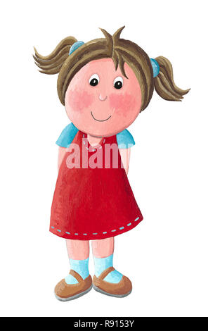 Acryl Abbildung: ein süßes kleines Mädchen im roten Kleid Stockfoto