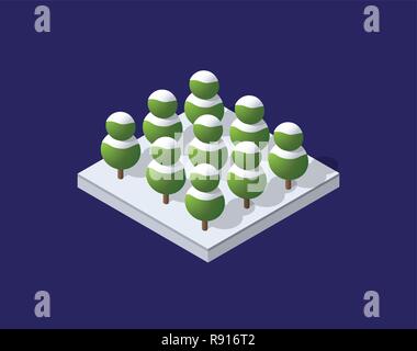 Snowbound schnee winter Weihnachtsbäume, Parks und Büsche der städtischen Infrastruktur für den Aufbau einer isometrischen Stadt Stock Vektor