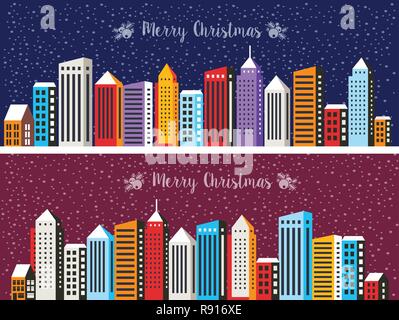 Nacht Weihnachten verschneite Stadt mit Häusern und Straße. Urban Village dekoriert Design Winterlandschaft. Weihnachten Schneefall Happy Holidays Abbildung. Decorat Stock Vektor