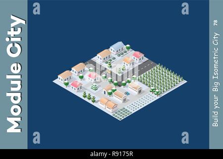 Isometrische Modul Bereich Landschaft Country Cottages und Häuser für den Bau der Konstruktion und dem Bau von dreidimensionalen Ort für Kreativität und con Stock Vektor