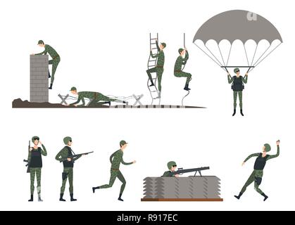 Eingestellt von isolierten Soldaten Übungen. Militärische Stock Vektor