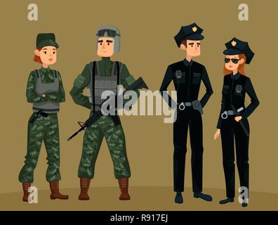 Polizei und Militär Soldat. Mann und Frau Stock Vektor