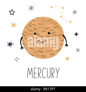 Cute Planet Merkur. Planet mit Händen und Augen. Vector Illustration für Kinder Stock Vektor