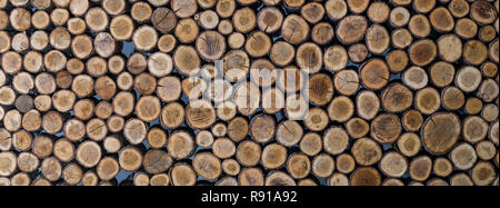 Gestapeltes Rundholz als Textur, Hintergrund, Panorama Stockfoto
