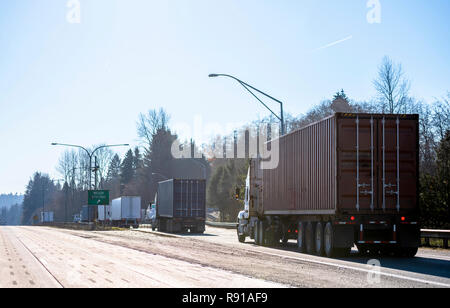 Verschiedene big Rigs semi Trucks mit Containern und Auflieger stehen in der Linie Station für Fahrzeug und Ladung prüfen, Gewicht und Achslast zu Gewicht d Stockfoto