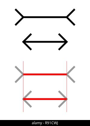 Die Müller-Lyer Illusion ist eine optische Täuschung, in der zwei Linien gleicher Länge erscheinen in verschiedenen Längen. Stock Vektor