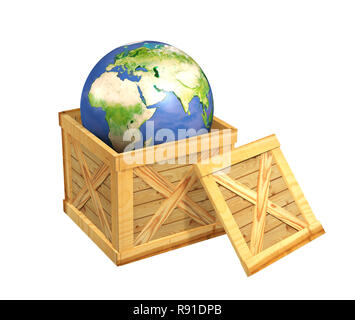 Planet die Erde in einer Holzkiste. Objekt über Weiß Stockfoto