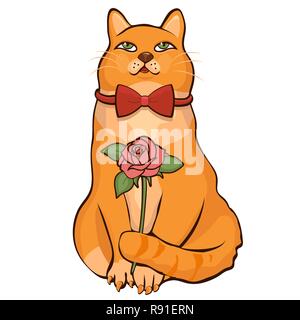 März cat Hand zeichnen, Zeichentrickfigur, Vector Illustration, Aufkleber. Komisch nett lustig Ingwer Kater mit Bow Tie Holding eine Blume Schwanz gemalt Stock Vektor