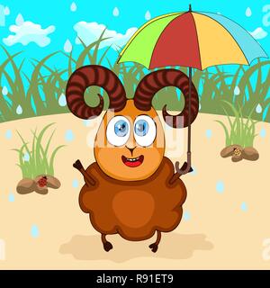 Ram Hand zeichnen, Zeichentrickfigur, Vector Illustration, Karikatur. Bunt bemalten niedlich lustig Lamm mit Schirm Schutz vor dem Regen gegen Stock Vektor