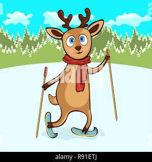 Deer Hand zeichnen, Zeichentrickfigur, Vector Illustration, Karikatur, Karte. Bunt bemalten niedlich Lustig fawn in einem Schal mit skistöcke Ski fahren auf Fahrt Stock Vektor