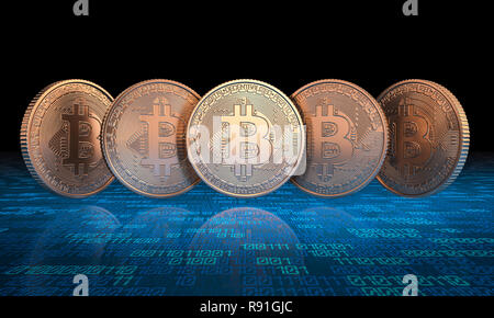 Golden 3D Rendering bitcoin Münze und binären Code Hintergrund Stockfoto
