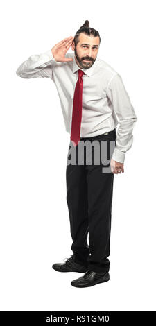 Ständigen Geschäftsmann hören Pose auf Weiß isoliert Stockfoto