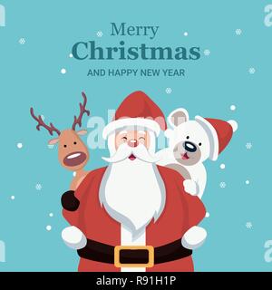 Weihnachtskarte der Weihnachtsmann, Rentier und Schneemann Stock Vektor
