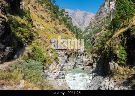 Trail im Flusstal des Budhi Gandaki, die auf den ersten Abschnitt der Manaslu Circuit Trek in Nepal Himalaya befolgt wird Stockfoto