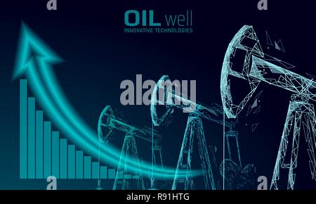 Öl gut Rig juck Low Poly Geschäftskonzept. Finanzen Wirtschaft polygonalen Benzin Produktion. Petroleum Kraftstoffindustrie pumpjack Ladebäumen Pumpen bohren Point Line Verbindung Dots blau Vector Illustration Stock Vektor