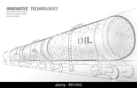 Öl Bahn Zisterne 3D-Render Low Poly. Brennstoff petroleum Finance Industrie Dieseltank. Zylinder Eisenbahn Waggon zug Benzin logistische wirtschaftliche Business polygonalen Linie Vektor illustration Stock Vektor